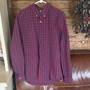 American Eagle Men's Red and Blue Plaid Shirt